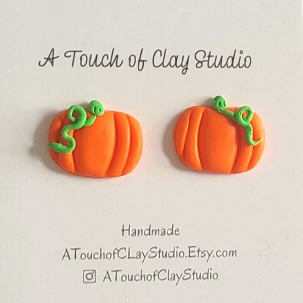 Cute Handcrafted Polymer Clay Fall Autumn Orange Pumpkin Halloween Stud Earrings
